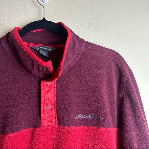 Eddie Bauer Mens Quarter Snap Button Red Fleece Pullover Logo Spell Out Medium - Picture 3 of 15